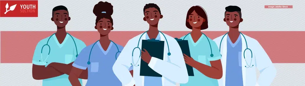 vector image depicting several health care professionals with their hands crossed on their chest, smiling