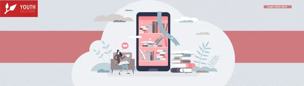 Online library and internet literature reading resource tiny person concept