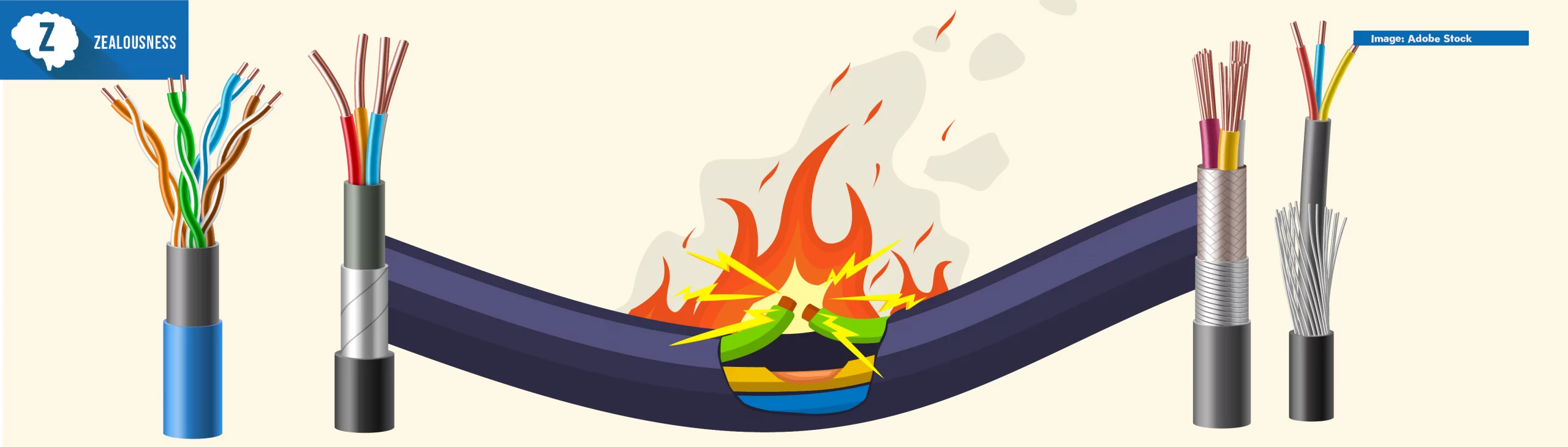 Alt: Broken short circuit burning electrical cable wire. Damaged electrical cable in red flame vector illustration set. Burning electrical cable wires Alt 2: Fiber optic tight buffered cable structure isolated on white background. Set of cable wires in cut