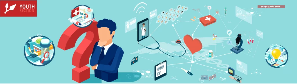 vector of doctor patient network diagnosis, treatment and online healthcare services coupled with a vector of an icon representing graduate next to a question mark