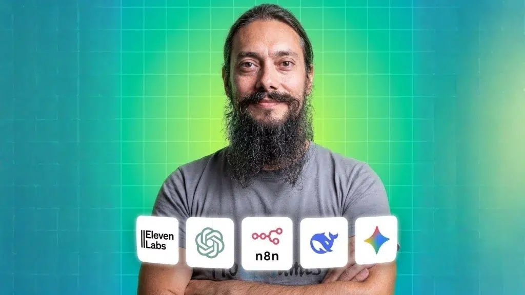 young bearded male sits in front of the gradient background with a five AI icons stretched across his chest.