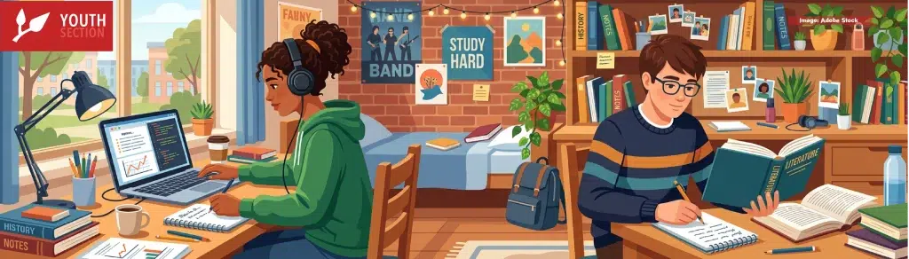 A vector image depicting two young people listening to music while studying in their room.