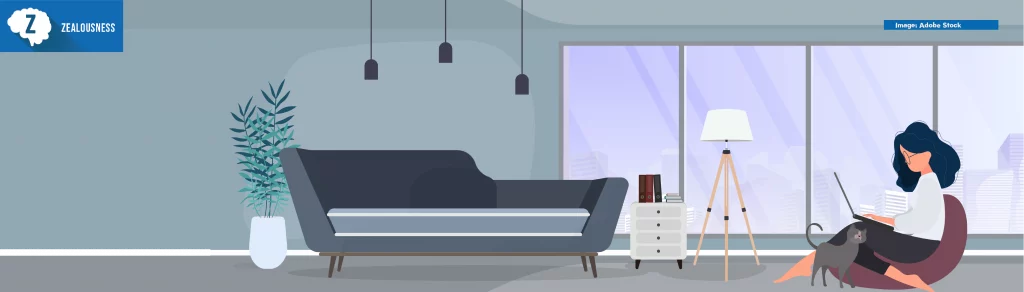 The girl sits on an ottoman and works at a laptop. A woman with a laptop sits on a large pouf. The cat rubs against the girl's leg. The concept of comfortable work in the office or at home. Vector