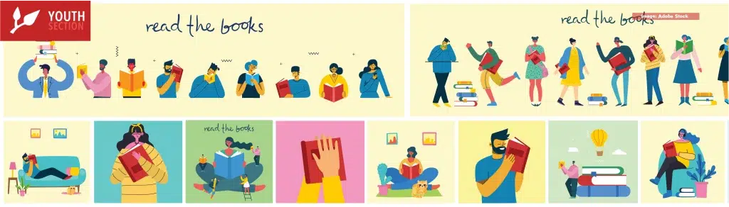 vector image of different people reading books.