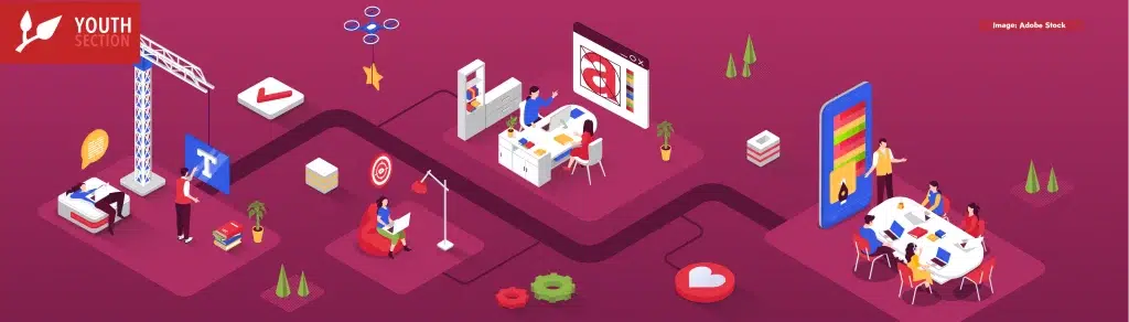Design studio concept 3d isometric infographics web banner. People work in creative agency, create graphic content, develop logos and branding. Vector illustration in isometry graphic design