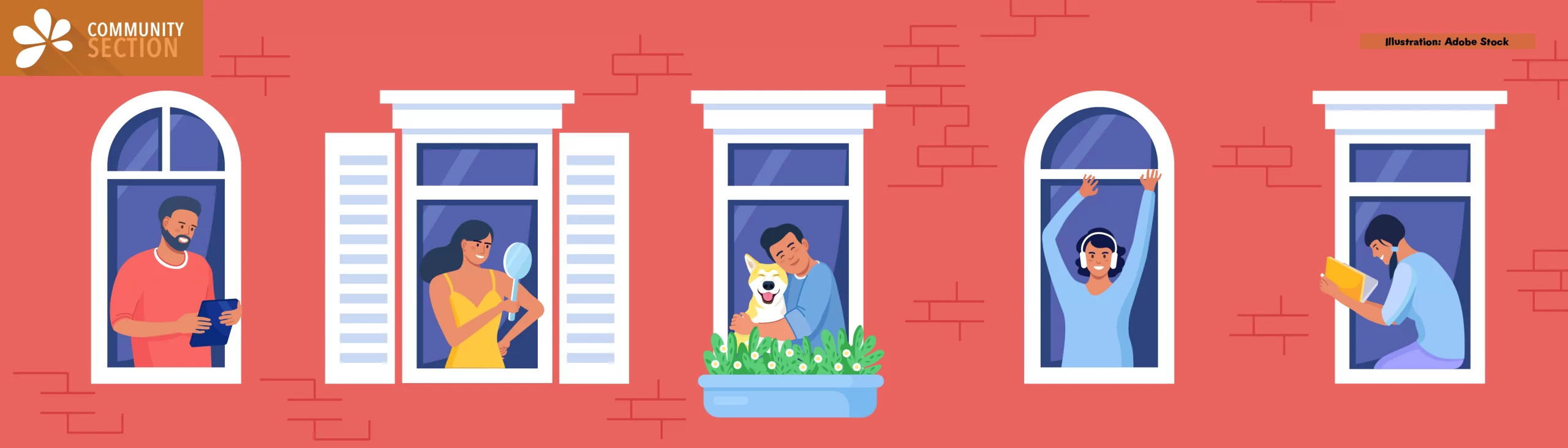 Outer wall of house with neighbors and dog at windows. Happy men and women look out of apartments reading, taking photos, chatting on the phone, hugging, listening to music. Stay home, a daily routine activity.