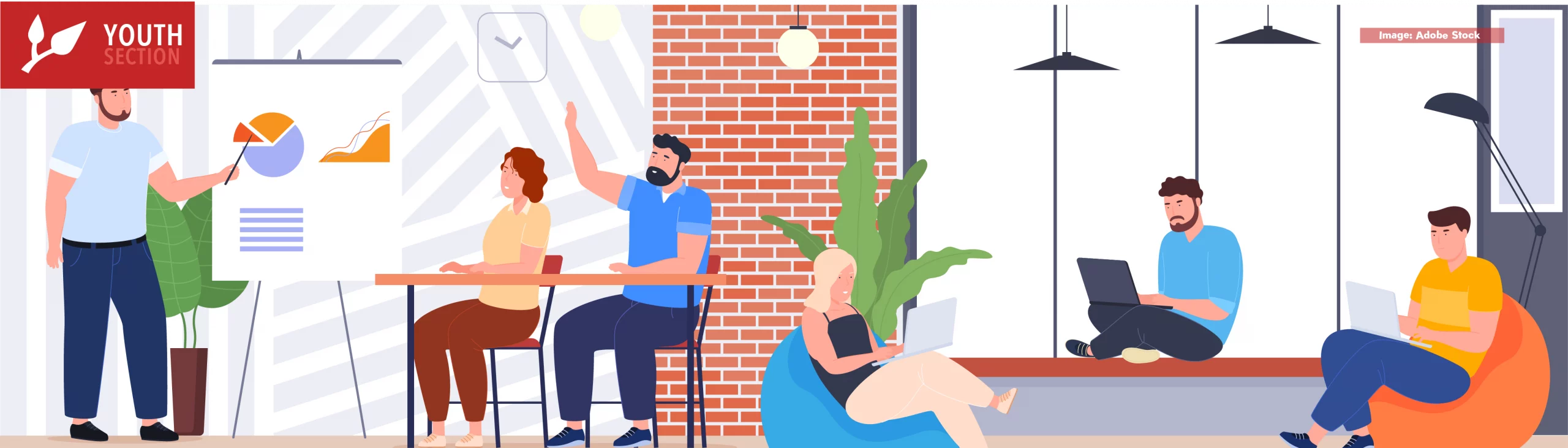 People work together in a coworking center. People communicate, work, exchange experience. Modern workplace. Vector illustration
