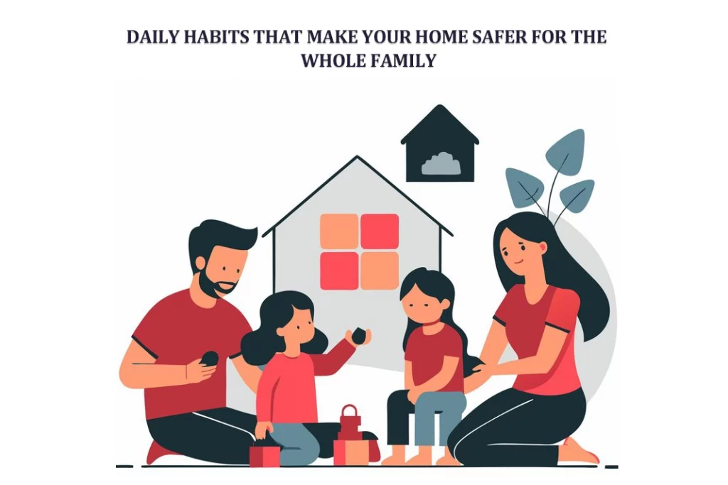 vector image of a family sitting on the ground with a house icon in the background.