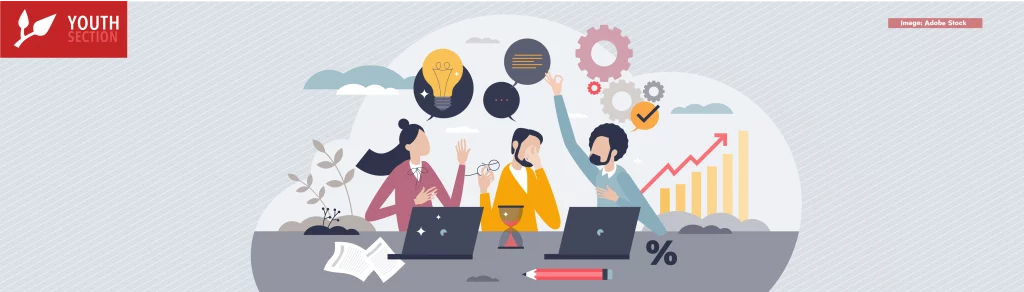 Effective communication in the workplace and business idea sharing tiny person concept. Knowledge sharing and productive partners' office scene with colleague chatting and collaboration vector illustration