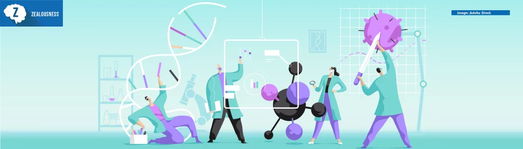 vector depicting people working in laboratory with various scientific icons hovering in the space