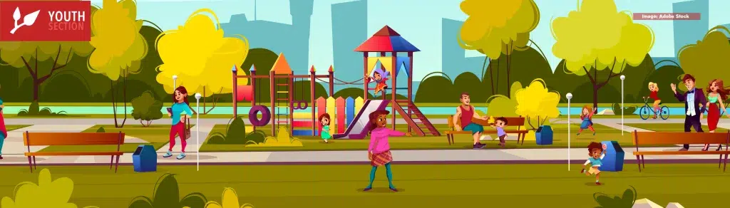 Vector background of cartoon playground in park with people, children playing. Landscape with green trees, plants and bushes. Recreation area for girls, boys. Amusement space with swings, benches.