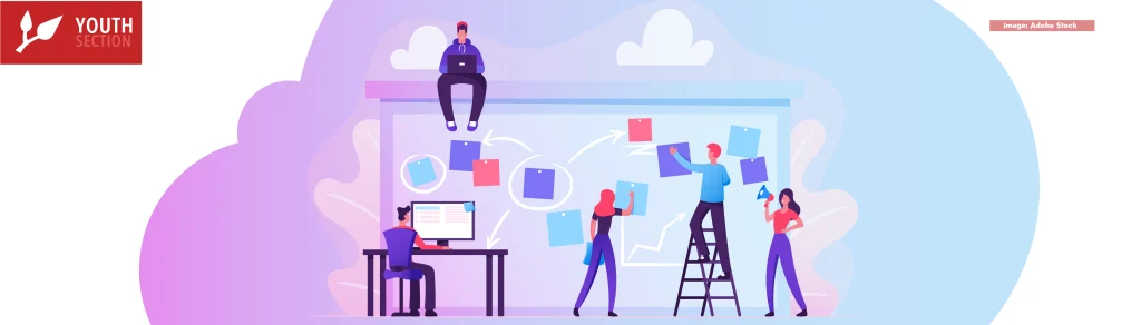 Company Business Team Working Together Planning and Scheduling Their Operations Agenda on Big Spring Desk. Drawing Marks and Stick on Paper Sheets Standing on Ladder. Cartoon Flat Vector Illustration