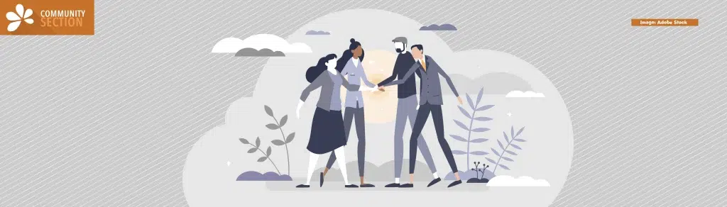 Community teamwork and united group partnership agreement tiny person concept