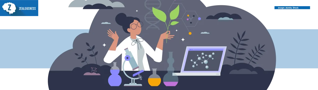 Biotech research with biology and technology science tiny person concept, transparent background. Chemistry usage for crop cultivation, genetic experiments or bio based pharmacy illustration