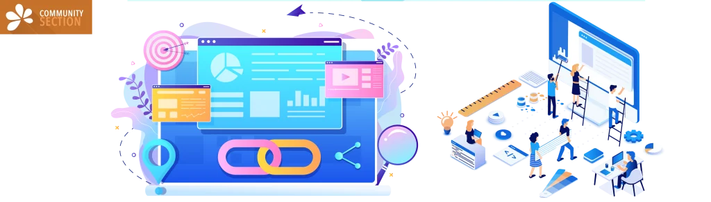 Alt text: Flat color Modern Isometric Illustration design - Design Studio SEO Link Building as Search Engine Optimization, Marketing and Digital for Home Page Development or Mobile Applications Vector Illustration