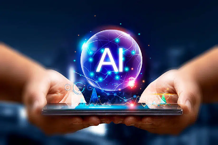 A person holding a cellphone in their hands - a holographic vector animation is hovering over the screen depicting an AI concept