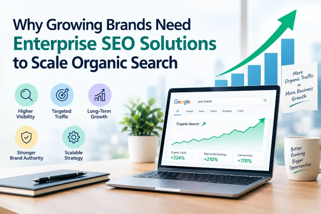 image of a laptop screen showing organic search graph with SEO related icons as an overlay on the image