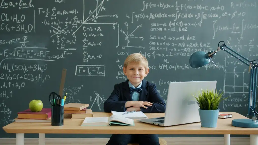 Young boy smiles at desk with laptop and chalkboard