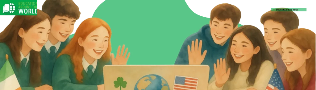 vector illustration of two group of young students talking to each other over computer - representing group from USA and an Ireland.
