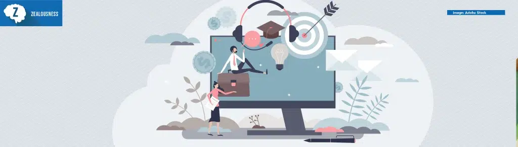 Learning management system or LMS as online education tiny person concept, transparent background. Training and knowledge software application as skill practice qualification framework illustration.