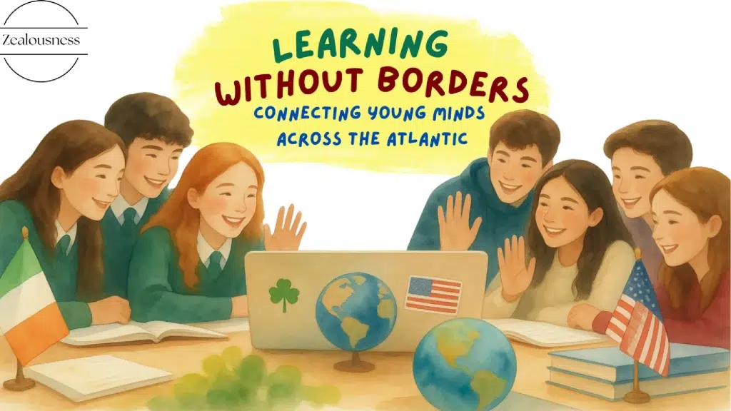 vector illustration of two group of young students talking to each other over computer - representing group from USA and an Ireland.