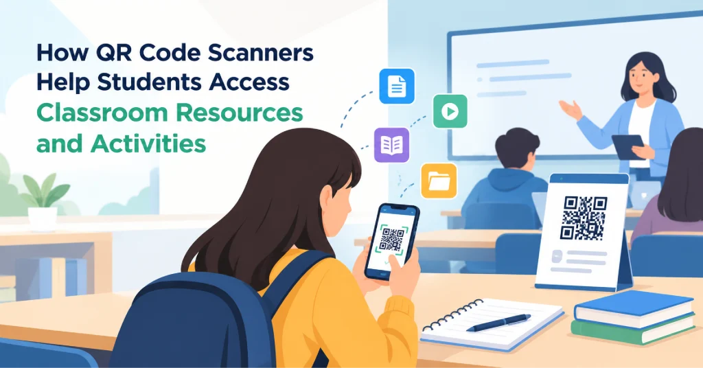 Vector image of students in the classroom using various mobile apps including qr code scanner.